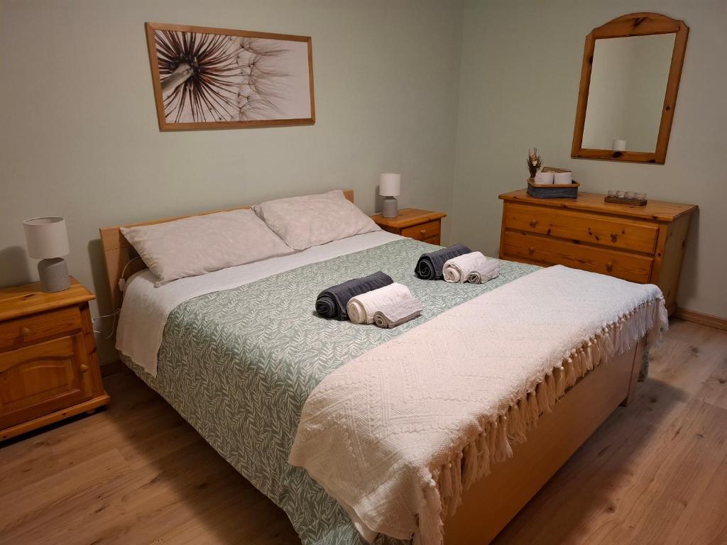 a bedroom with two beds and a dresser and a mirror at Oasi Pieve in Pian di Scò