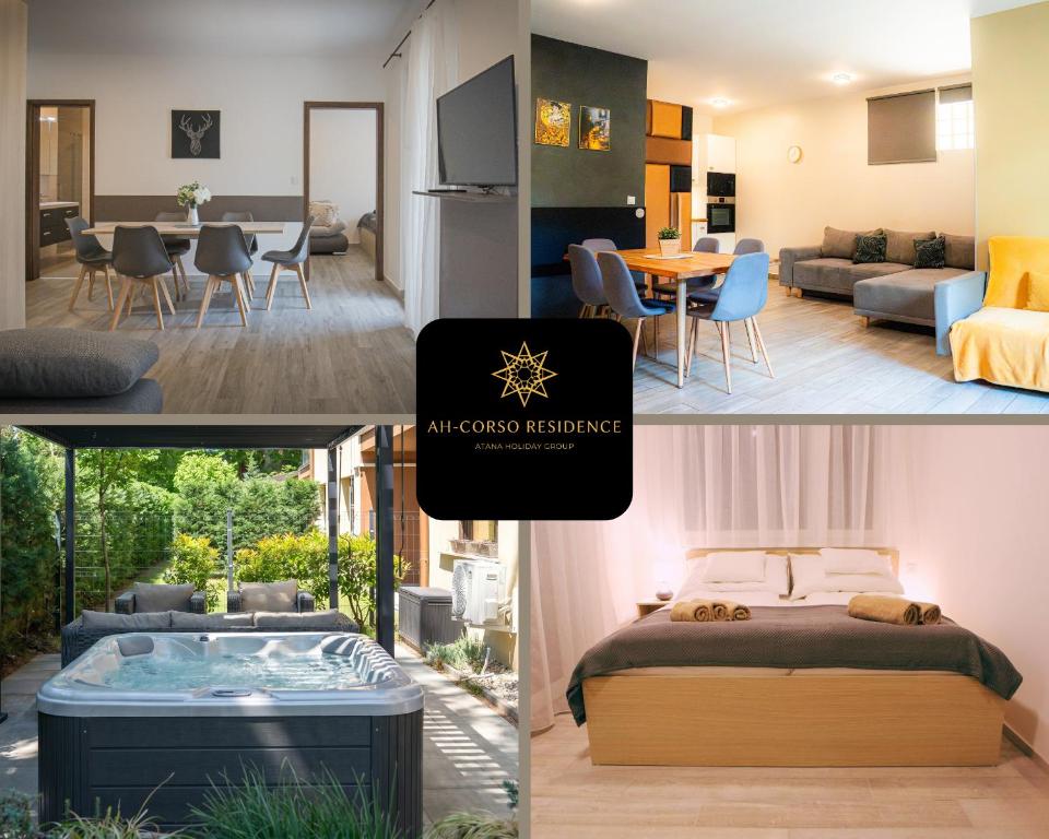 a collage of photos of a living room and a bedroom at AH-Corso Wellness Residence in Siófok