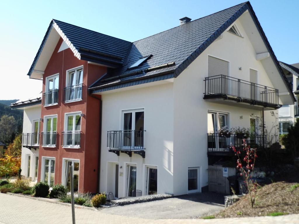 a house with a black roof at Ferienwohnung Zum Ritzhagen in Willingen