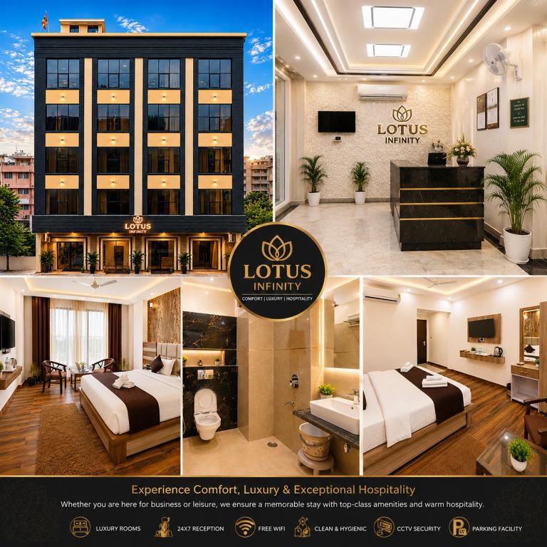 a collage of four pictures of a hotel at Hotel Lotus Infinity in Haridwār