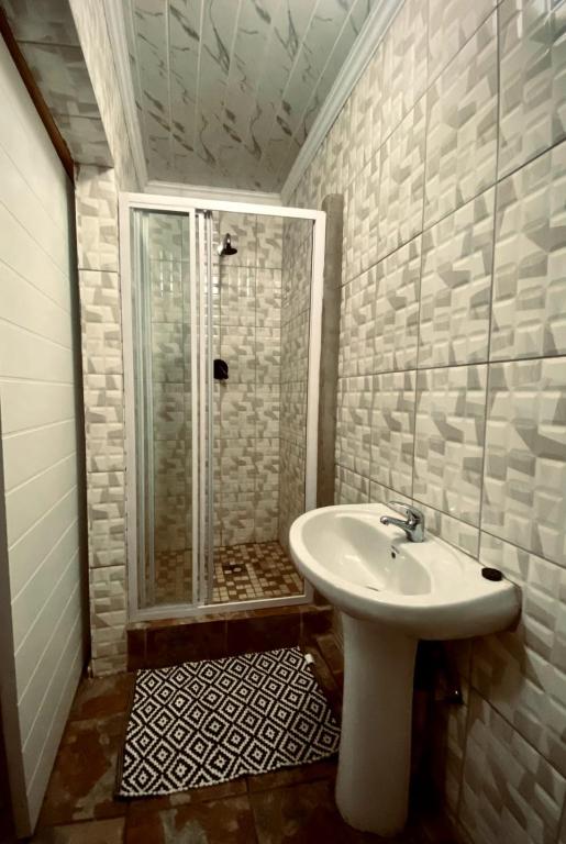 a bathroom with a shower and a white sink at Mukomani Guesthouse in Soshanguve