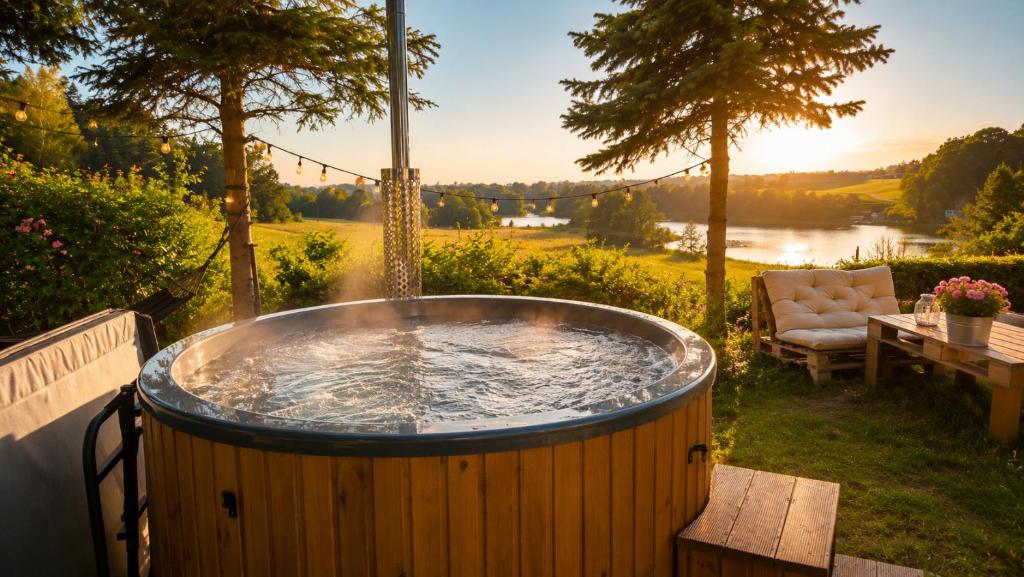 a hot tub in the yard with a chair and a table at Willa MM Kaszuby in Łapalice