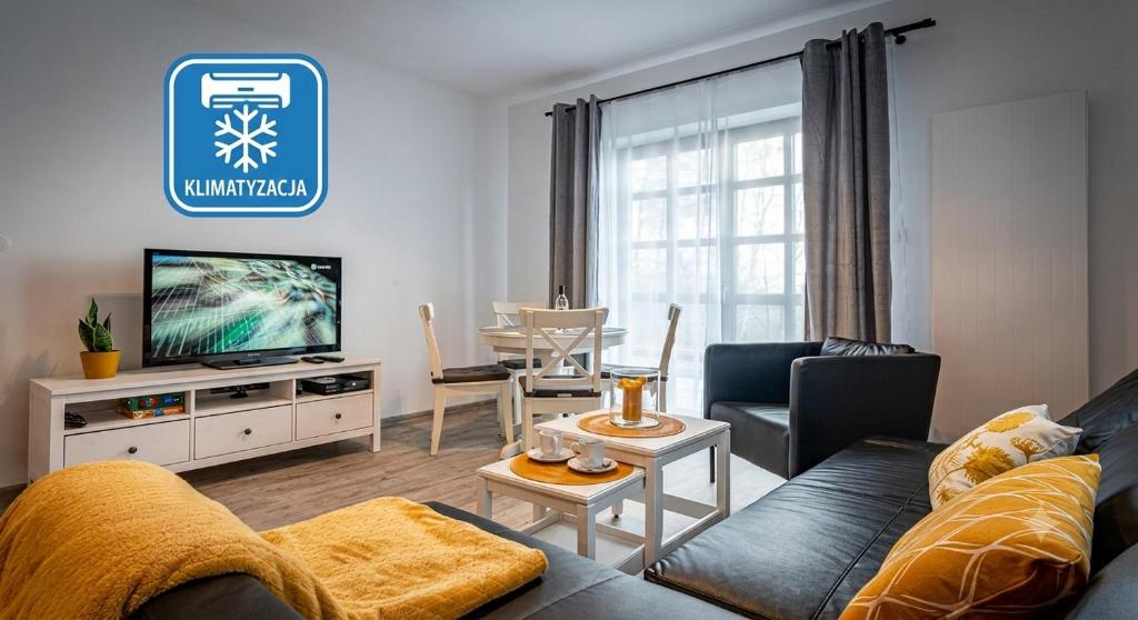 a living room with a couch and a tv at Apartamenty Ustronne Liściasta in Ustroń