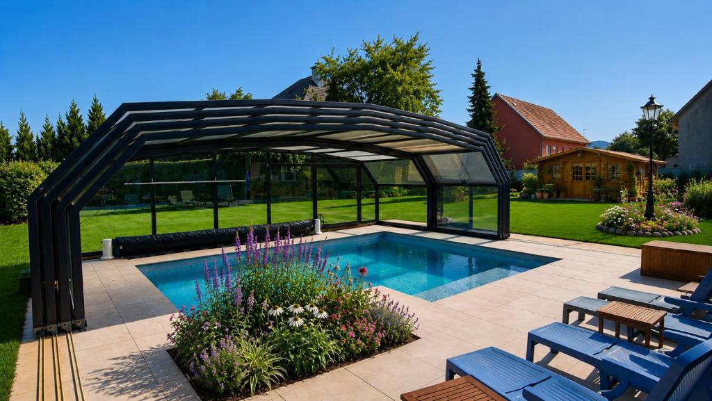 a swimming pool in a backyard with a wooden arch over it at Gite oncle Yerry in Ostheim