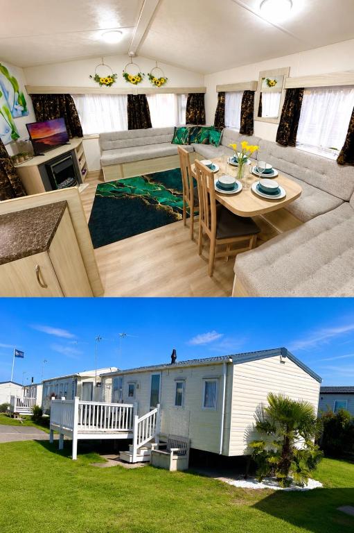 two pictures of a living room and a house at Lyons Robin Hood Caravan in Rhyl-5 min walk to Beach ,FREE Wi-Fi and FREE parking for 4 cars, sleeps up to 8 people-3 bedrooms in Rhyl