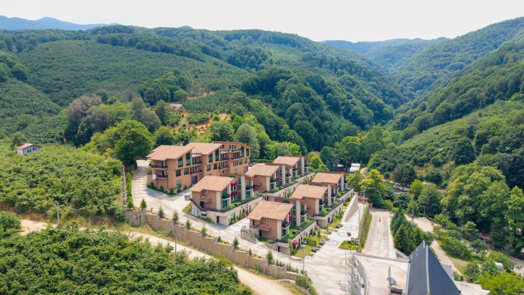 an aerial view of a mansion in the mountains at Altındere Vadi Hotel in Akyazı