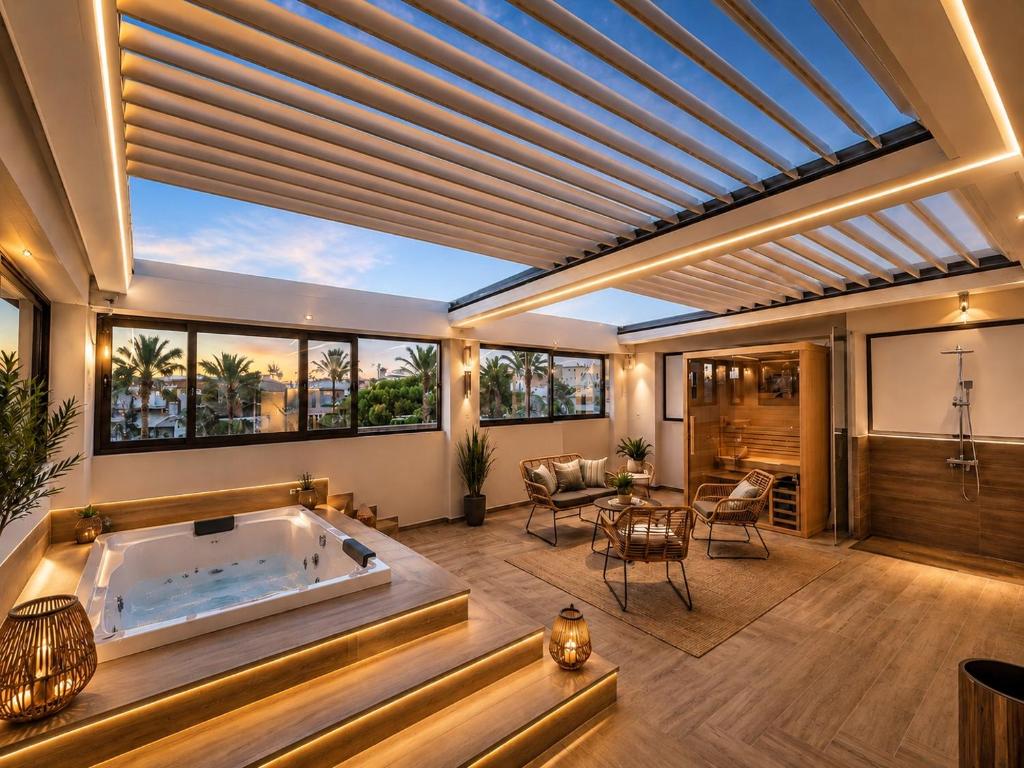 a large living room with a jacuzzi tub at Agora Luxury Villa I in Loutraki