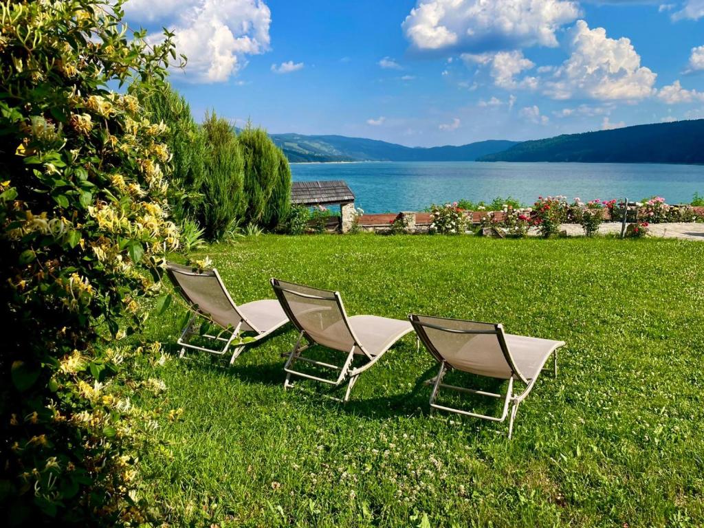 two chairs sitting in the grass next to a lake at Cabana Panoramic Bicaz in Hangul