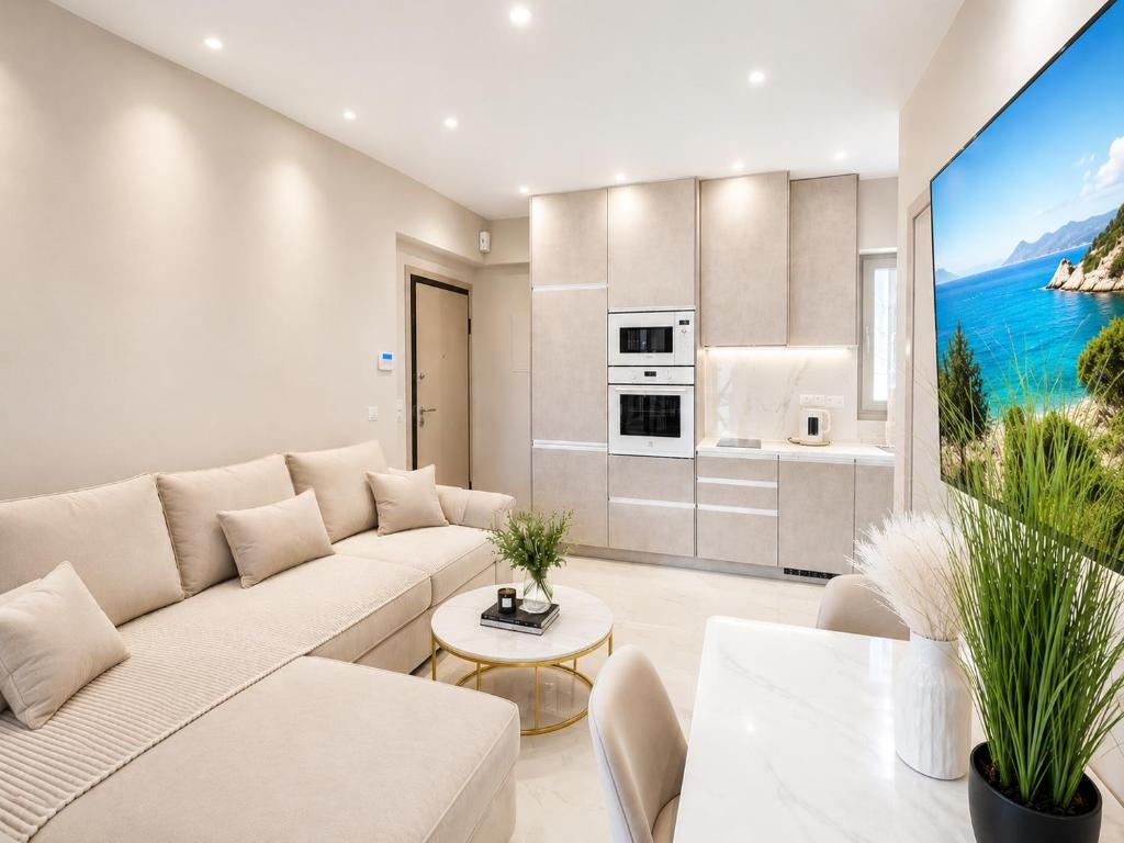a living room with a couch and a table at AGORA luxury APARTMENT 3 in Loutraki
