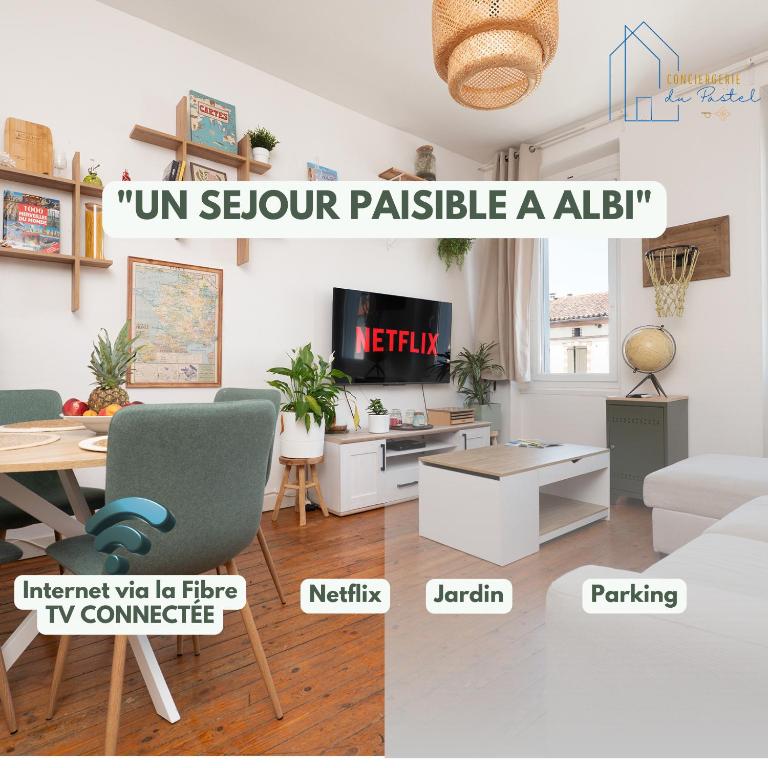 a collage of a living room with furniture at Le Pastel Albigeois Parking & jardin 1km Unesco in Albi
