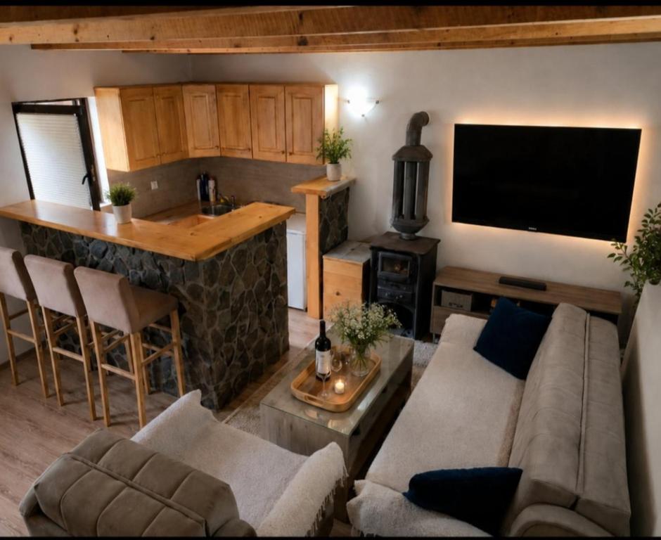 a living room with a couch and a kitchen with a bar at Katun Mokra in Podgorica