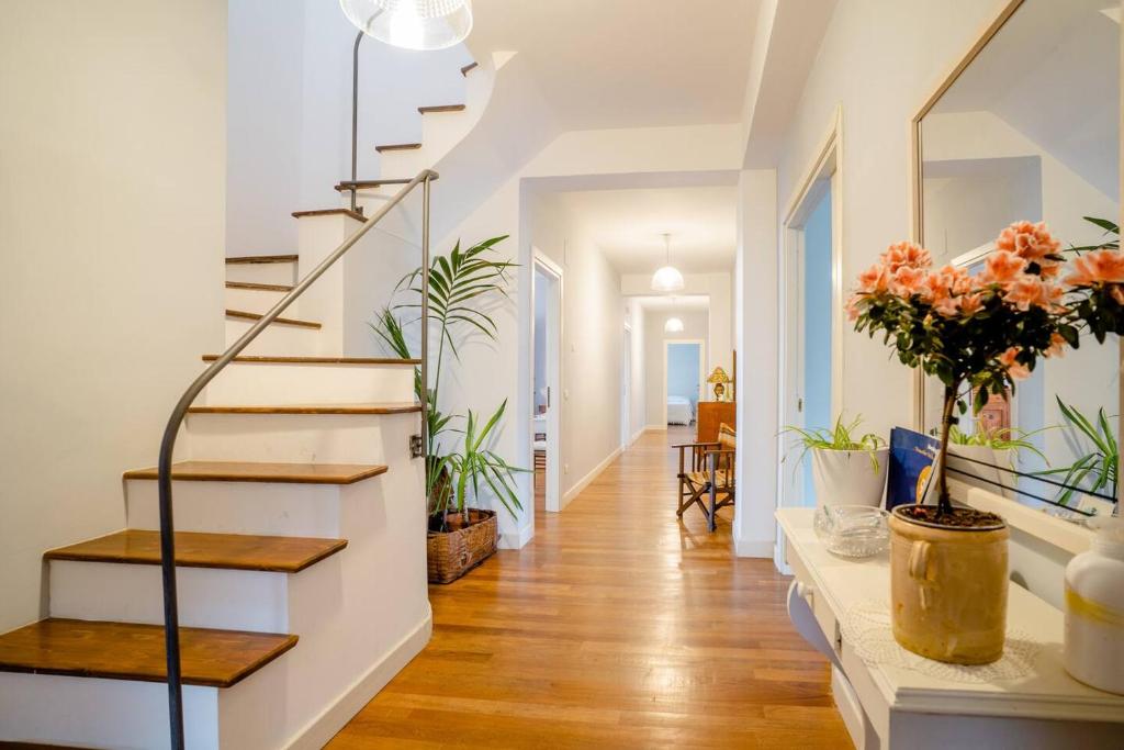 a hallway with stairs and potted plants at B&B Sophia in Santa Sofia dʼEpiro
