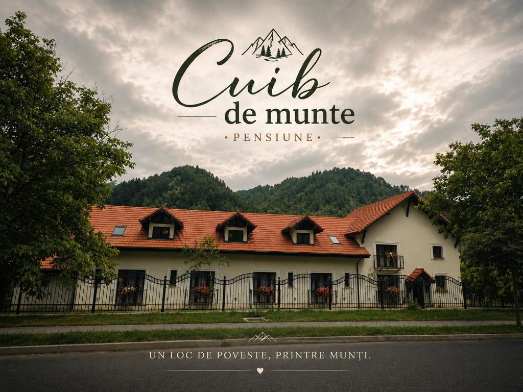 a sign for a house with a mountain on top at Cuib de Munte in Brezoi
