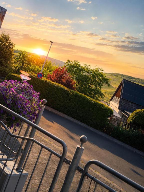 a view of the sunset from a balcony with flowers at A&A Mosel in Bernkastel-Kues