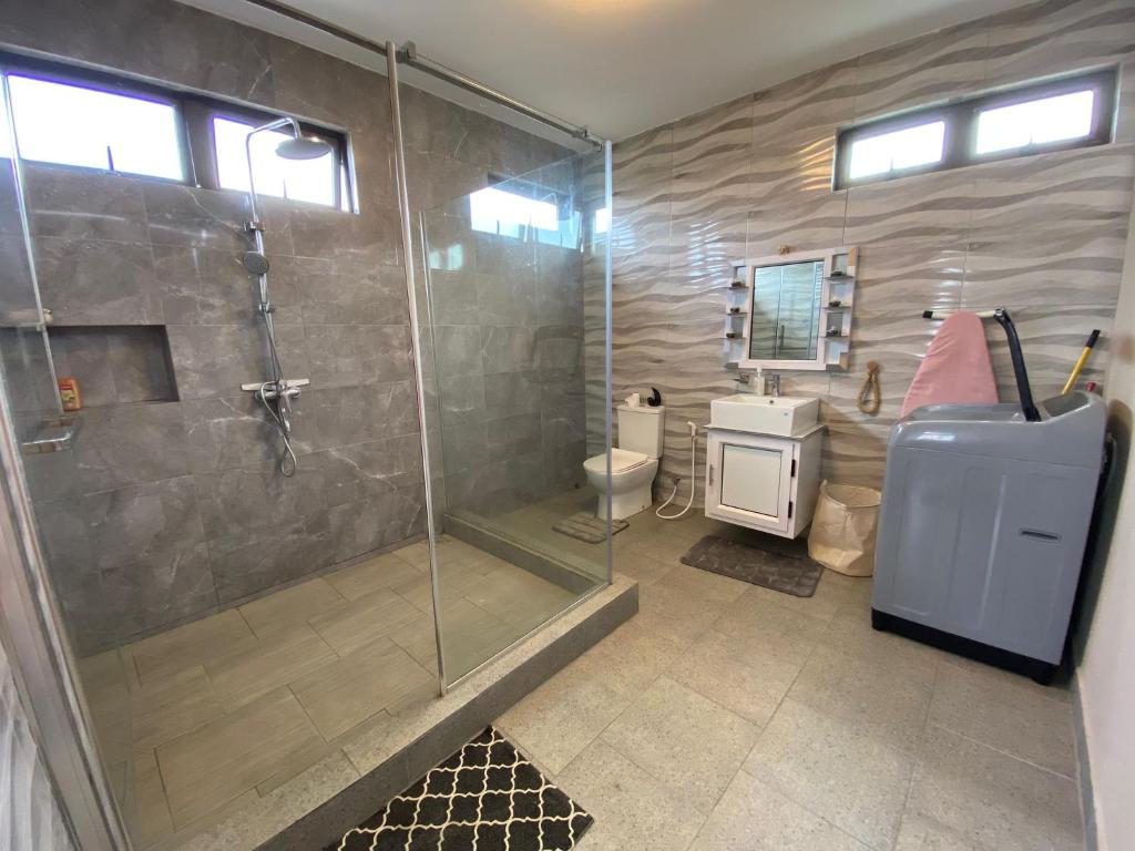 a bathroom with a shower and a toilet and a sink at villa POOJA in Cap Malheureux