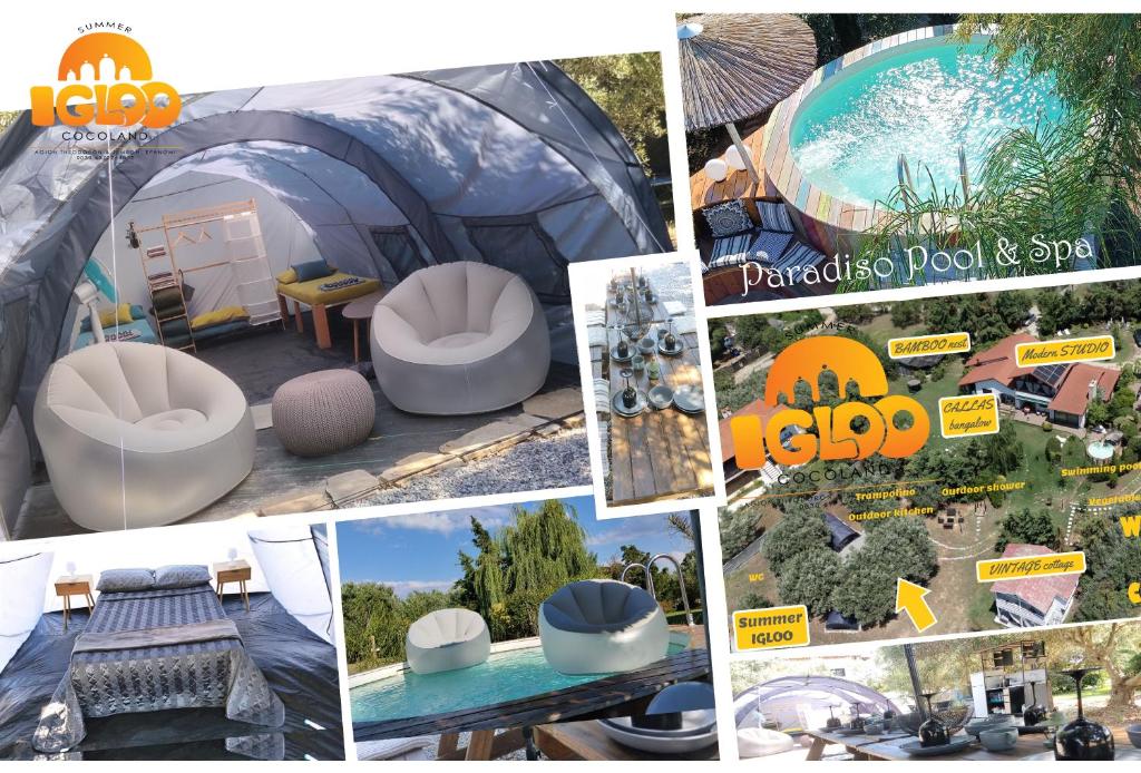 a collage of pictures of a iguana resort at Summer IGLOO by the sea in COCOland in Pálioura