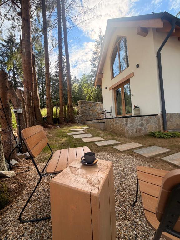 a table and chairs in a yard with a house at Tiny Folk in Gărâna