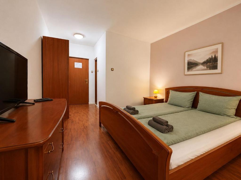 a bedroom with a bed with a desk and a television at Cabana Xtreme - Valiug in Văliug