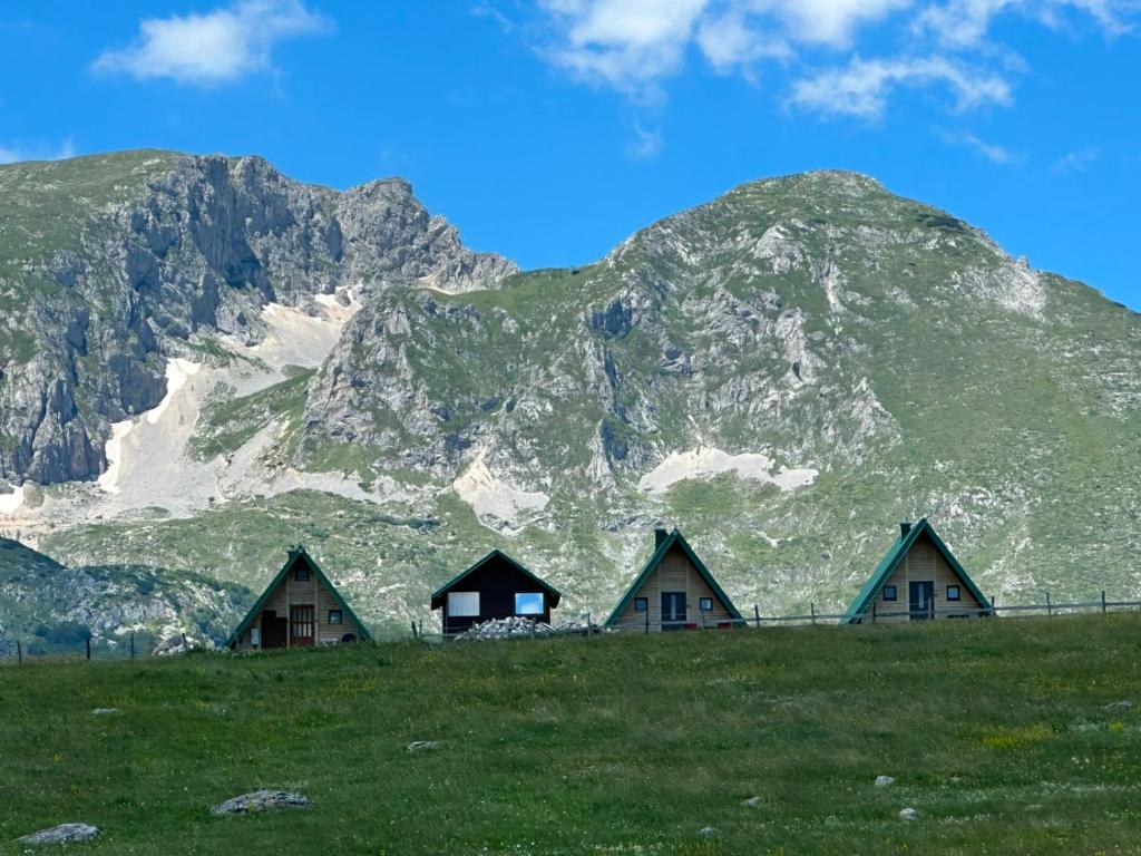 a group of houses in front of a mountain at Mountain peaceful cottages in Žabljak