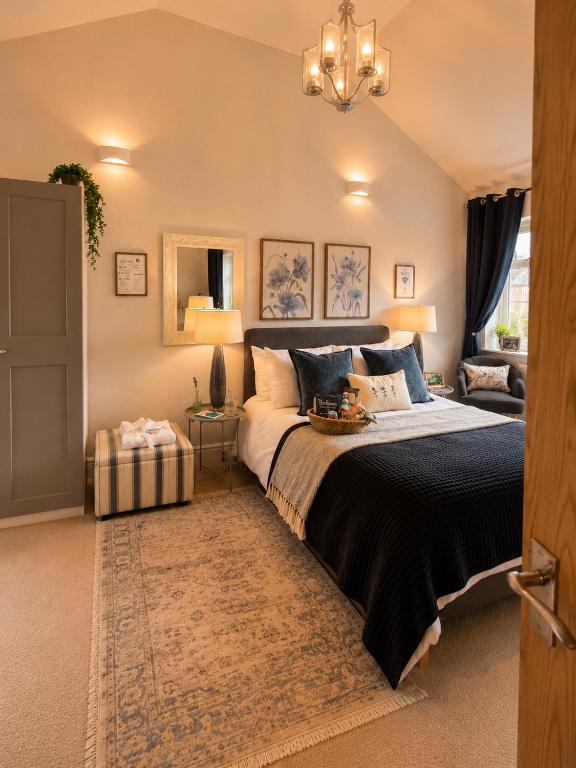 a bedroom with a large bed and a chandelier at Wisteria House Boutique Stay Marlow in Marlow