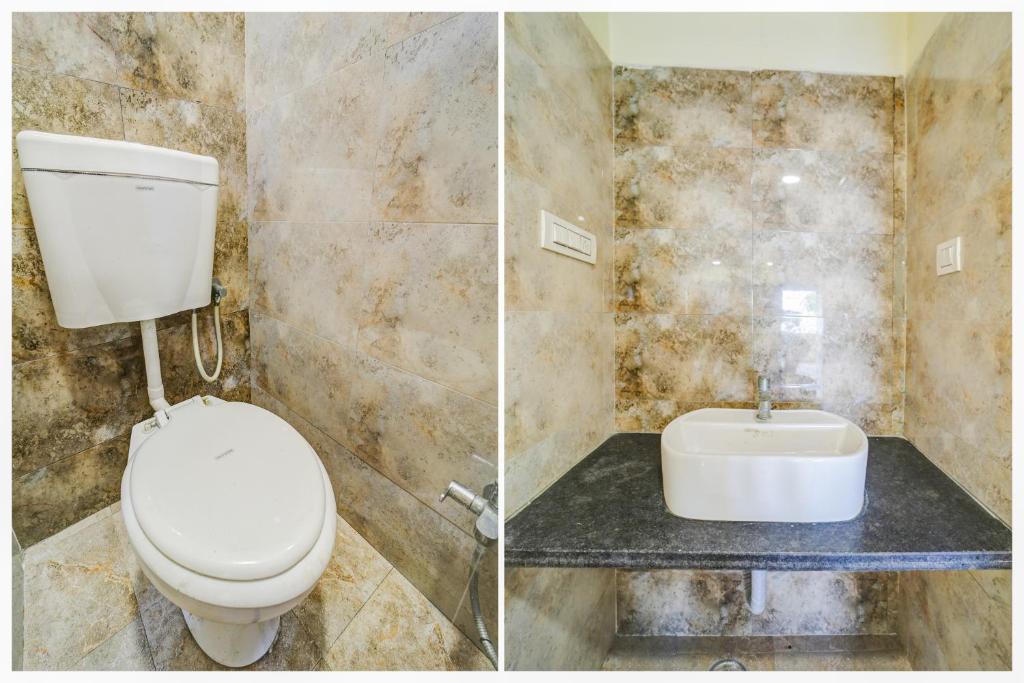 two pictures of a bathroom with a toilet and a sink at Hotel O katyayani in Indore