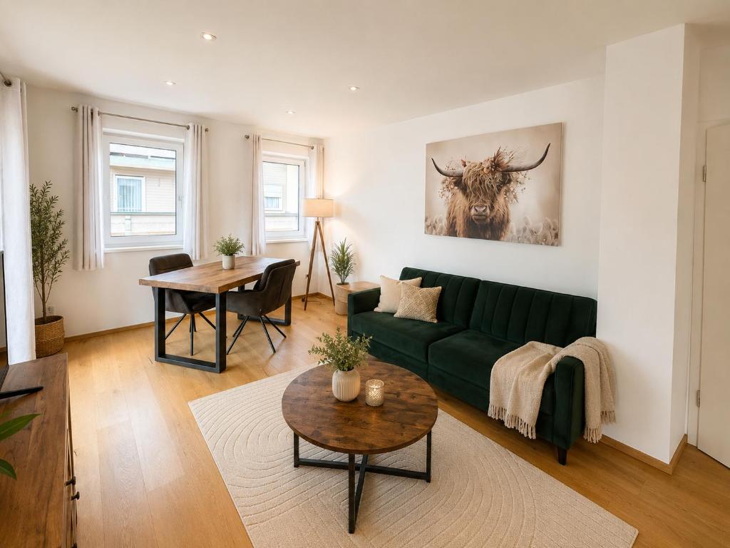 a living room with a green couch and a table at Haus Dippel am Kurpark inklusive Chiemgaukarte in Ruhpolding