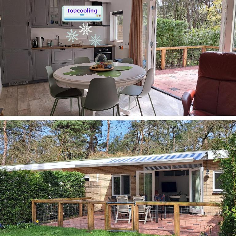 a kitchen and a patio with a table and chairs at 't Grieze Huysje in Otterlo