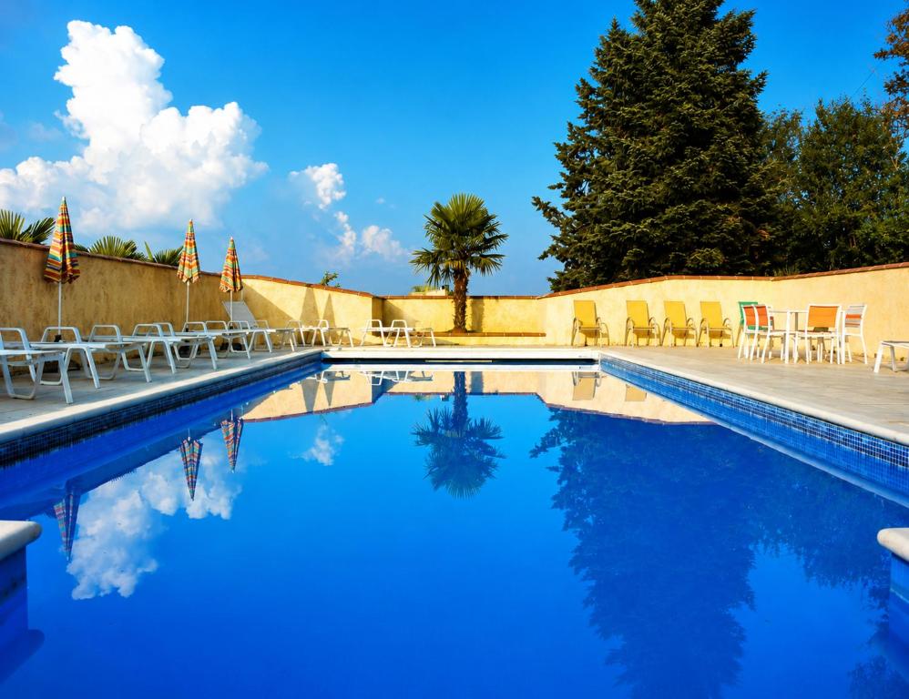 a swimming pool with chairs and blue water at La villa des palmiers in Soublecause