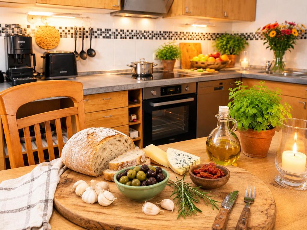 a kitchen with a wooden table with food on it at Relax Ferienwohnung in Odernheim