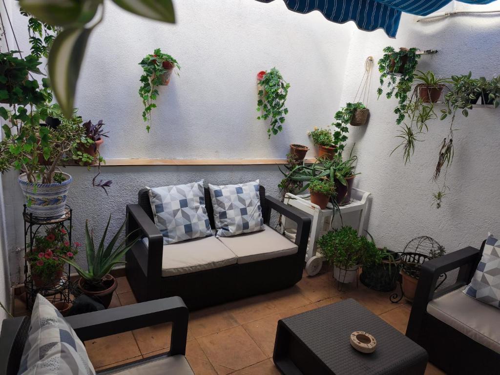 a patio with a couch and a bunch of potted plants at Apartamento El Rinconcito de Martina in Jarandilla de la Vera