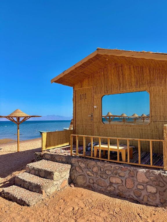 a building on the beach with a view of the ocean at Sina life camp in Nuweiba