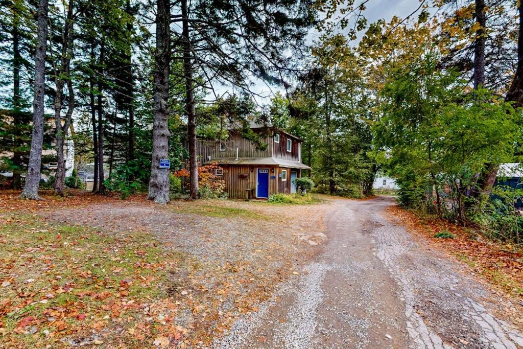 a dirt road leading to a house in the woods at Dog-friendly ocean-view duplex with wood stoves, decks, grills, kitchens, ACs in Southwest Harbor