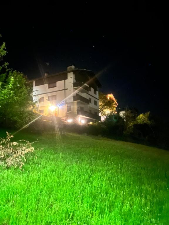 a building at night with green grass in front of it at La Nicchia in Pieve di Cadore