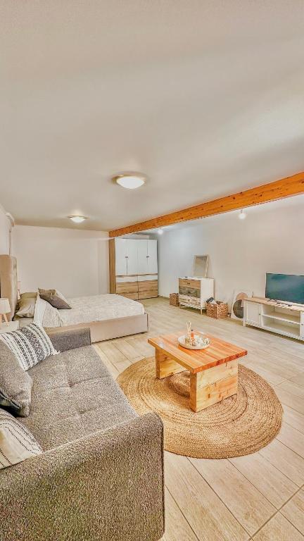 a living room with a couch and a bed at Mitso's Talo in Samos