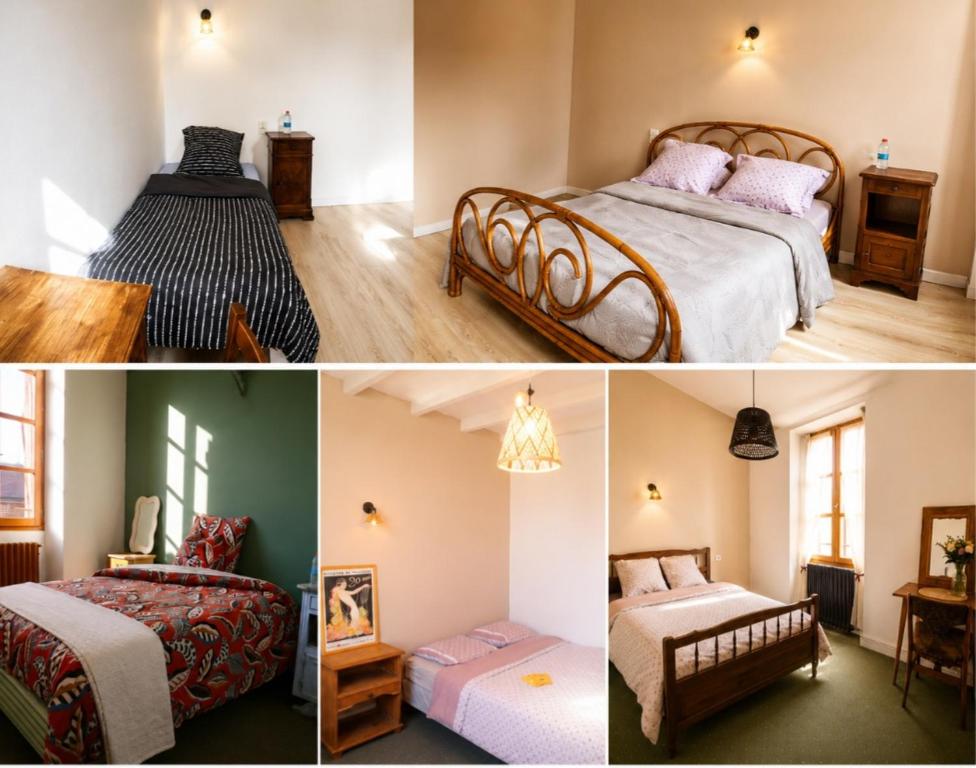 three different pictures of a bedroom with two beds at Hôtel Restaurant Le Vieux Logis in Aignan
