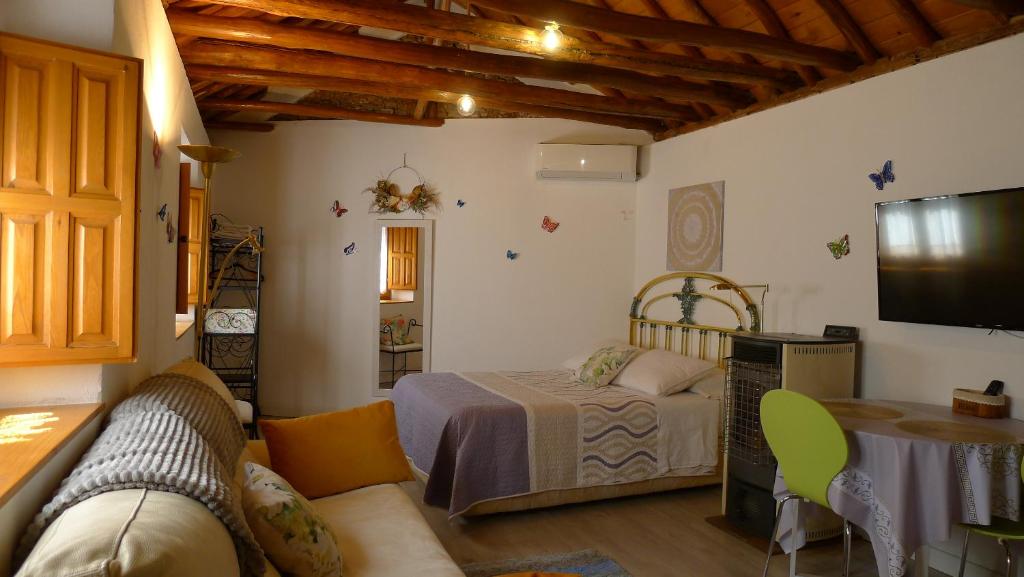 a living room with a couch and a bed and a tv at Coqueto estudio con terraza in La Zubia