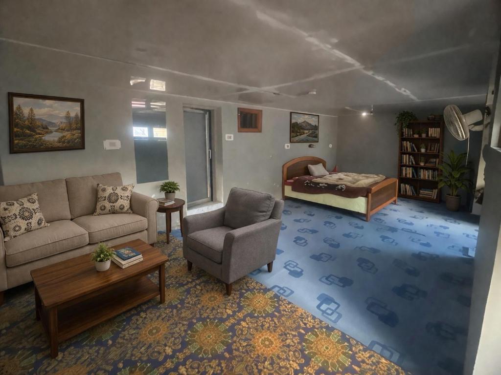 a living room with a couch and a bed at HOTEL FOOD POINT & Restaurant in Pahalgām