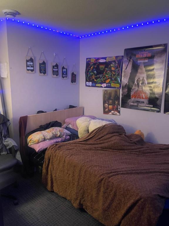 a bedroom with a bed and posters on the wall at Ann in London