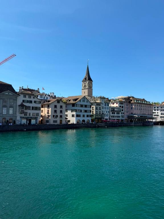 a large body of water with buildings and a clock tower at Old-Town Studios Zürich in Zurich