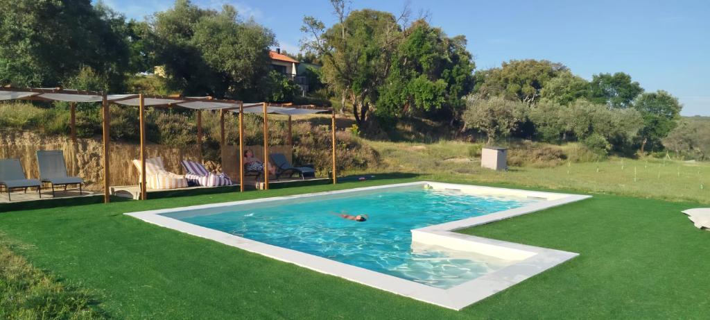 a person swimming in a swimming pool on a green lawn at Terras do Salvado Agroturismo in Fundão