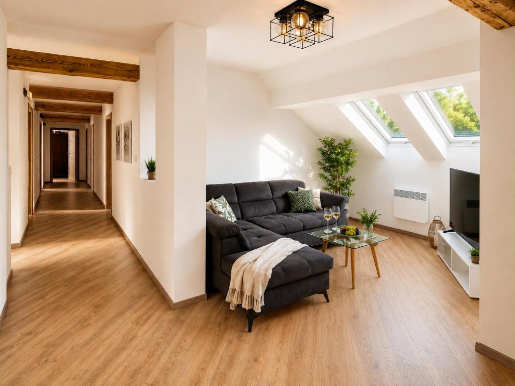 a living room with a couch and a table at The Mountain Sky Apartment - prostorný loft 212 m2 s lesem za okny vhodný pro rodiny s dětmi, terasa, dětský koutek, parkování zdarma in Jeseník