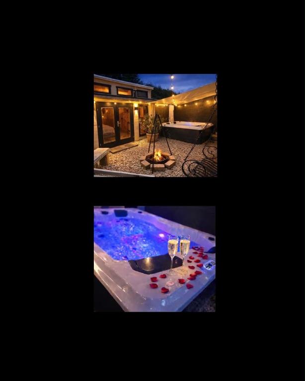 two pictures of a swimming pool in a house at Wellness Ferienwohnung mit Sauna, Massagen, Spa, beheizbarem Whirlpool bei Leipzig in Pomssen