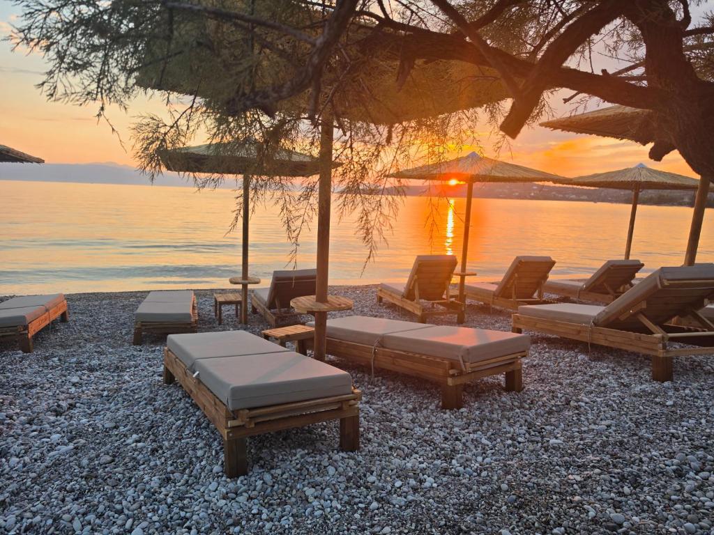 a group of lounge chairs and umbrellas on a beach at Magenta Beach in Porto Heli