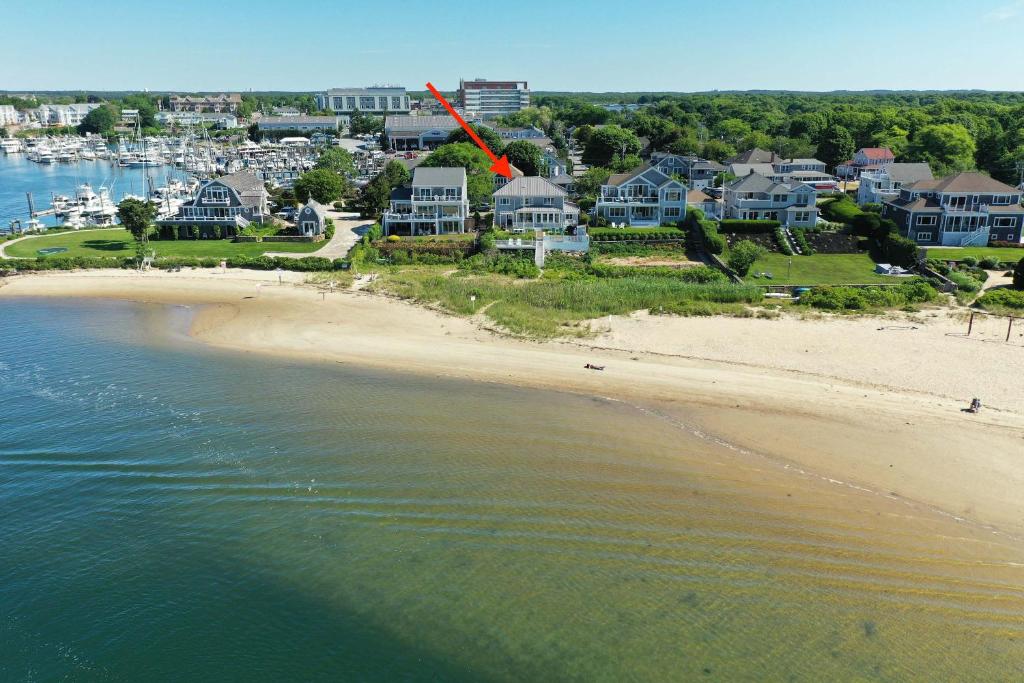 an aerial view of a beach with a red arrow at Waterfront Private Beach Gorgeous Views in Yarmouth