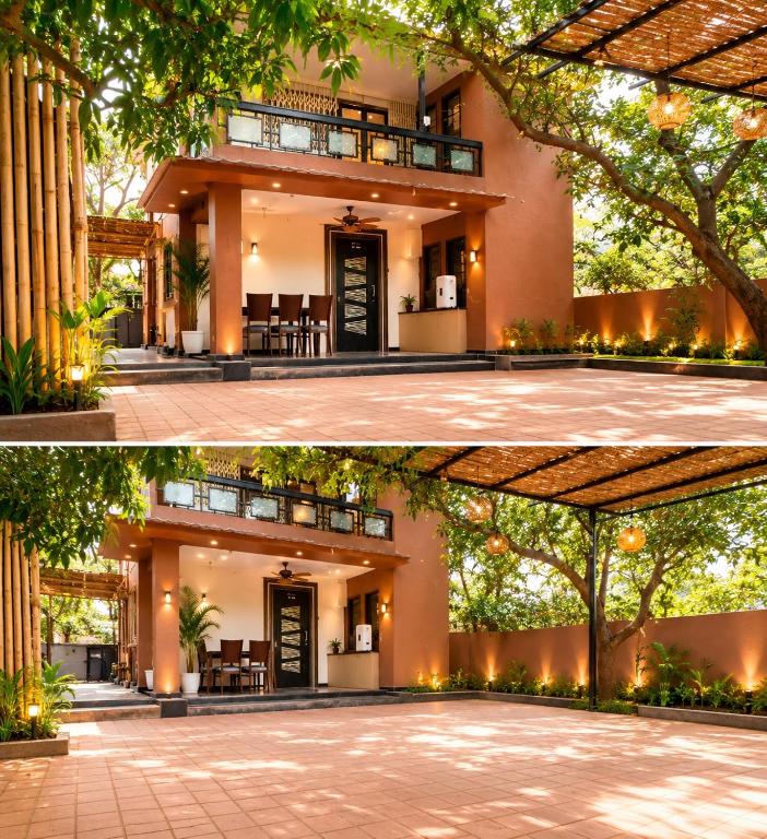 a house before and after being remodeled at Vishwakarma Niwas Jacuzzi Villa with Pool in Thane