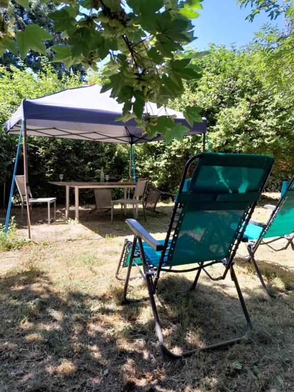 a pair of chairs and a picnic table under a canopy at Studio à la campagne, Jardin, Lac à 7 min in Chenereilles