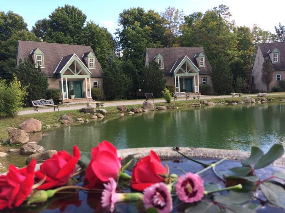 una casa con flores rojas frente a un lago en Spruce Hill Inn & Cottages, en Mansfield
