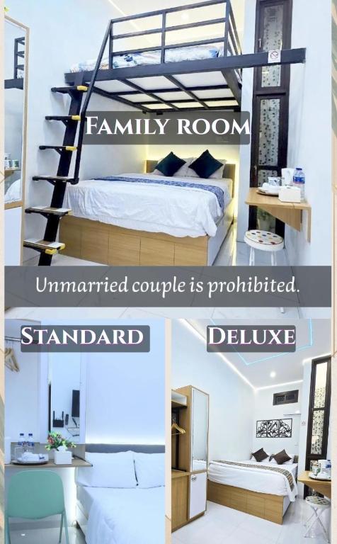 a collage of photos of a bedroom and a family room at Laswi Syariah Guest House in Bandung