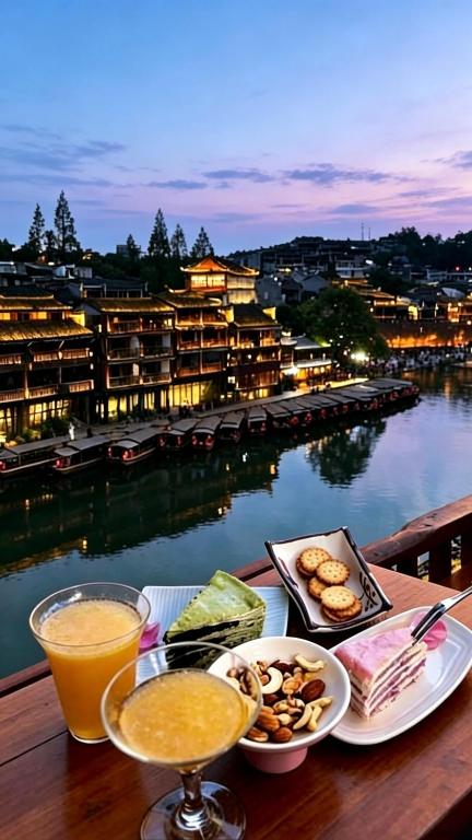 a table with food and drinks and a view of a river at Phoenix Ancient Hill Riverside View Hotel- Offers free one-way high-speed rail pick-up service - Afternoon tea - Self-service laundry - Baggage storage - Travel planning in Fenghuang County