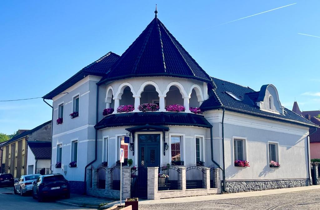 a large white building with a black roof at The Corner House in Hunedoara